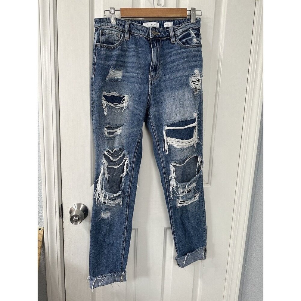 Kancan Ultra High Rise Taper Jeans Womens Size 26 Distressed Med Wash Blue Denim